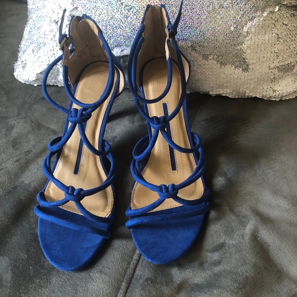 Royal blue suede kitten low heel sandals